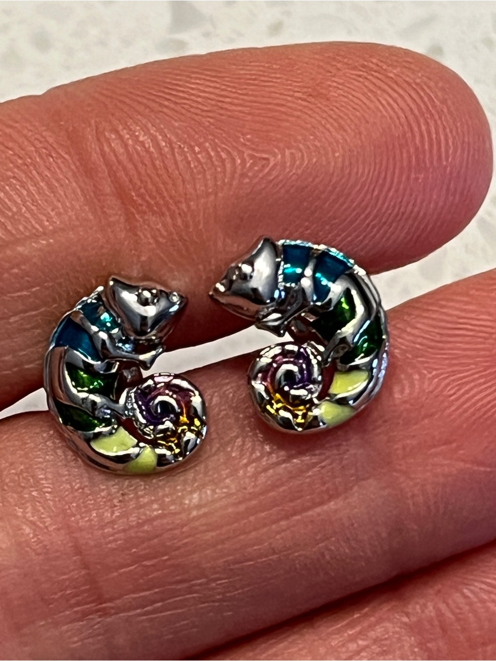 Colorful Chameleon Spiral Stud Earrings - Multicolor Silver Tone